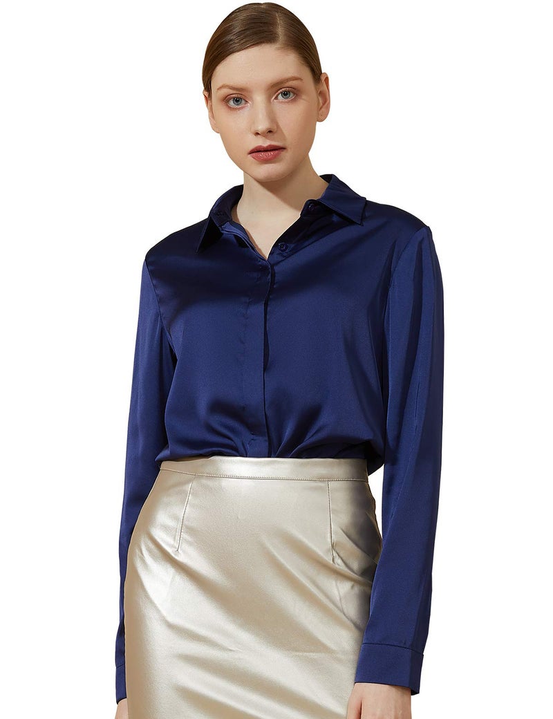 Escalier Women's Satin Silk Long Sleeve Button Down Shirt Casual Work Office Silky Blouse Top Navy 2XL - Image 1